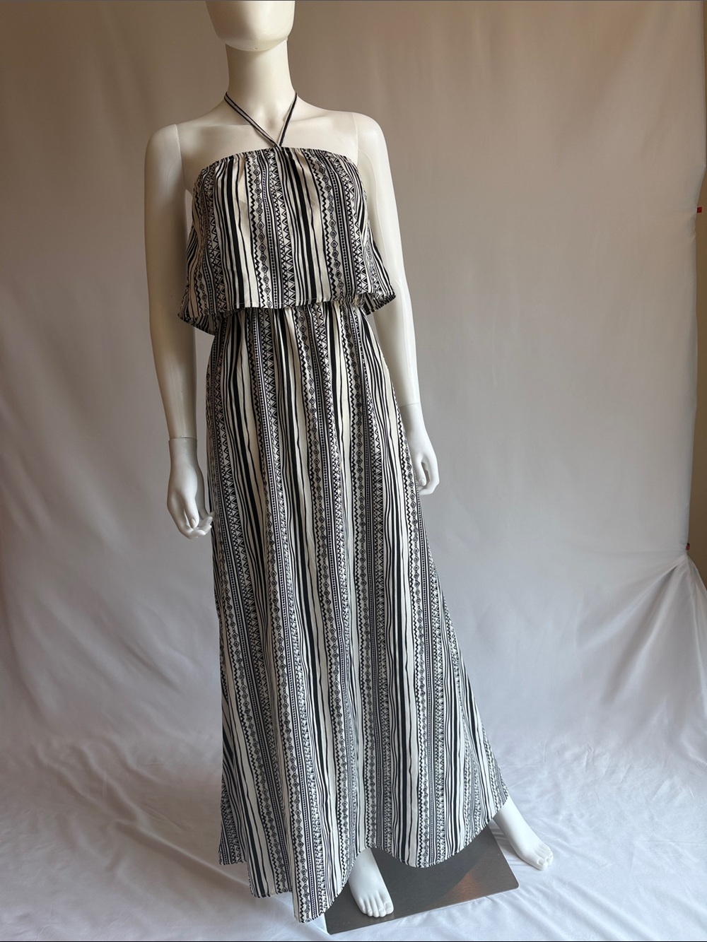 En Creme Black and White Striped Halter Maxi Dress
